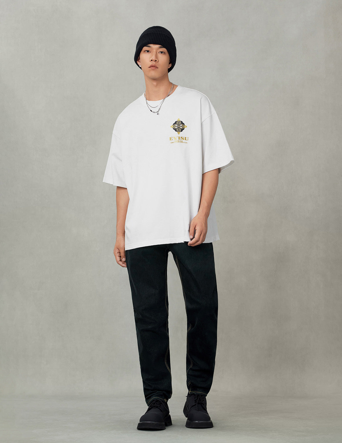 鶴の飛翔と大黒プリント ルーズフィット Tシャツ