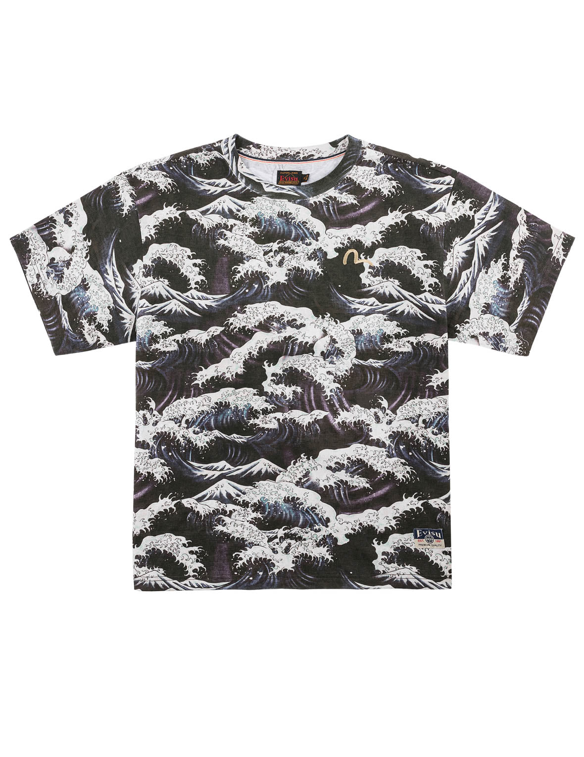 EVISU エヴィス カモメ Tシャツ ブラウン 刺繍迷彩カモ 総柄ウェーブ刺繍カモメ Tシャツ – EVISU