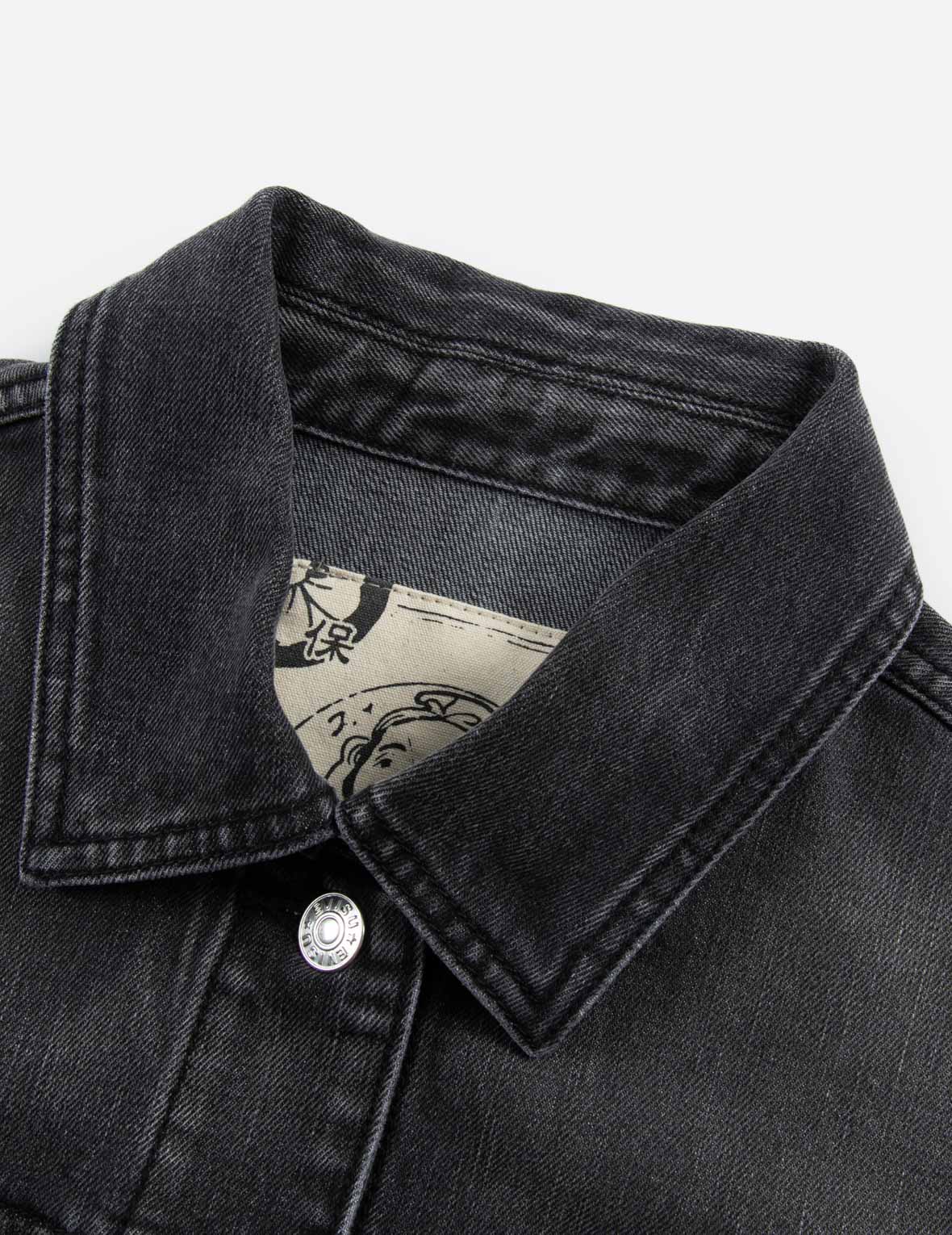 カモメ刺繍とロゴ柄パネル付きファッションフィットデニムジャケット