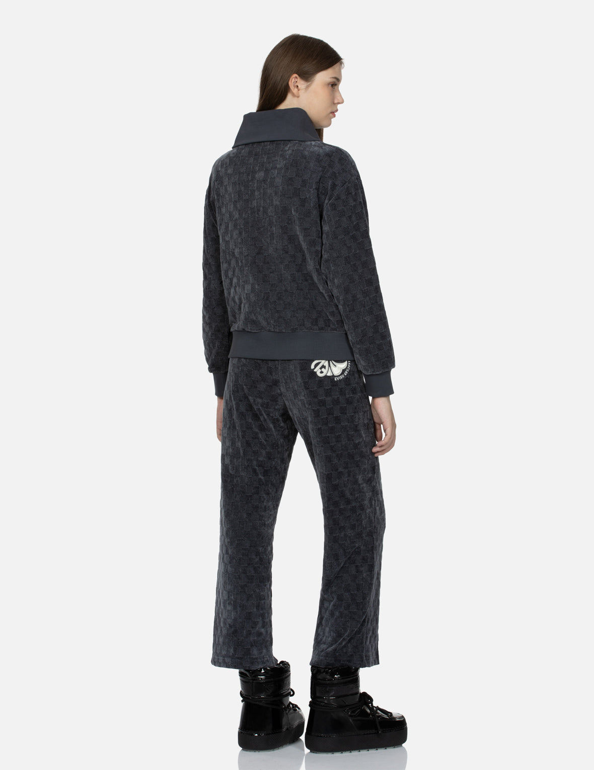 凹凸チェックパターンの家紋刺繍ストレートフィットスウェットパンツ