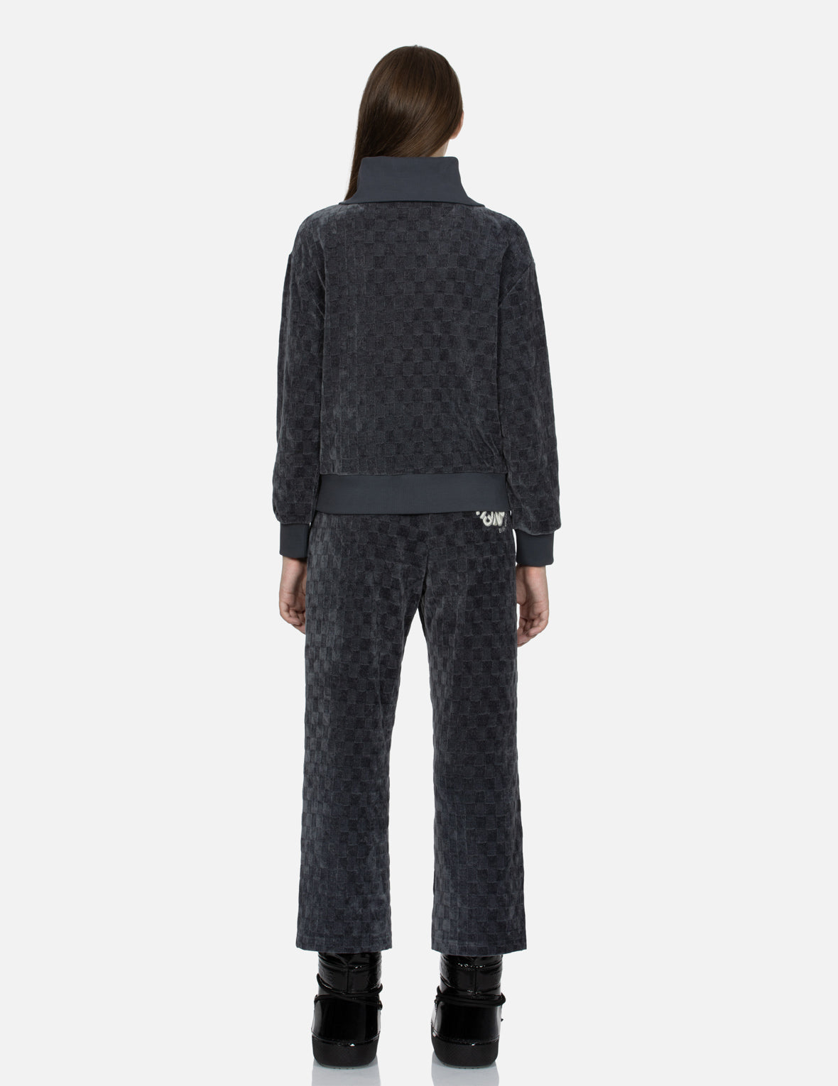凹凸チェックパターンの家紋刺繍ストレートフィットスウェットパンツ