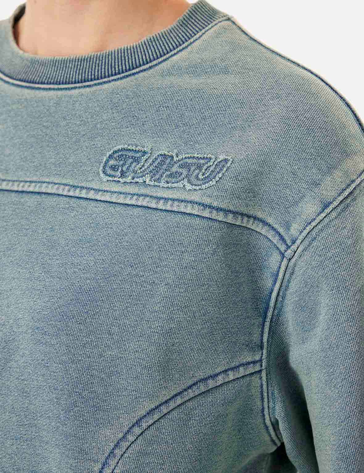 ディストレストアプリケ刺繍ウォッシュドファッションフィットクロップドスウェットシャツ