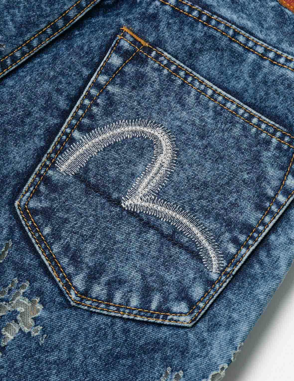 カモメ刺繍 ファッションフィット バーンアウト ジーンズ