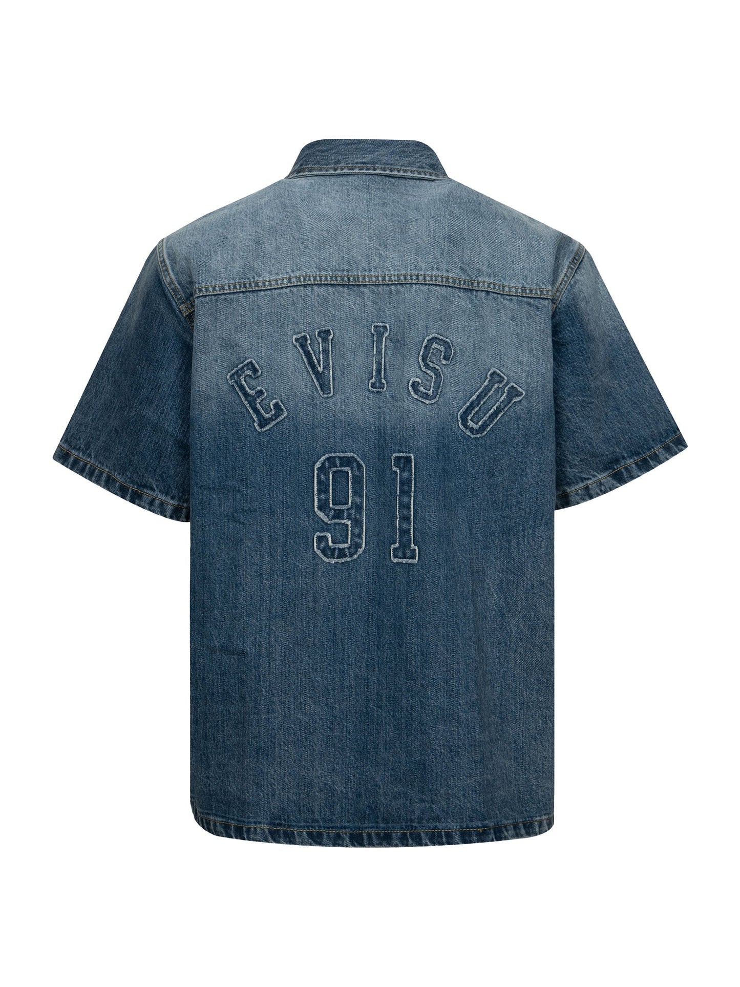 Seagull and Logo Appliqué Embroidery Boxy Denim Short-Sleeves Shirt