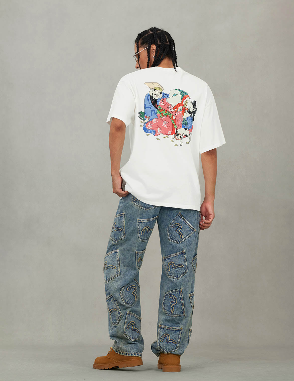 EVISU X F-LAGSTUF-F ダーティウォッシュと刺繍 多ポケット リラックスフィット デニムジーンズ