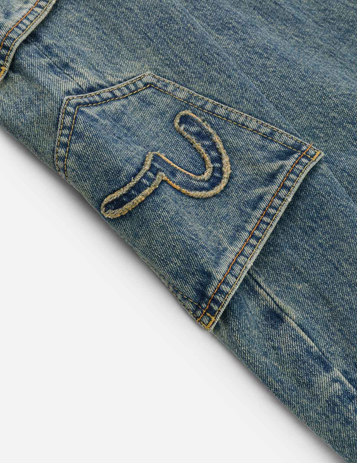 EVISU X F-LAGSTUF-F ダーティウォッシュと刺繍 多ポケット リラックスフィット デニムジーンズ