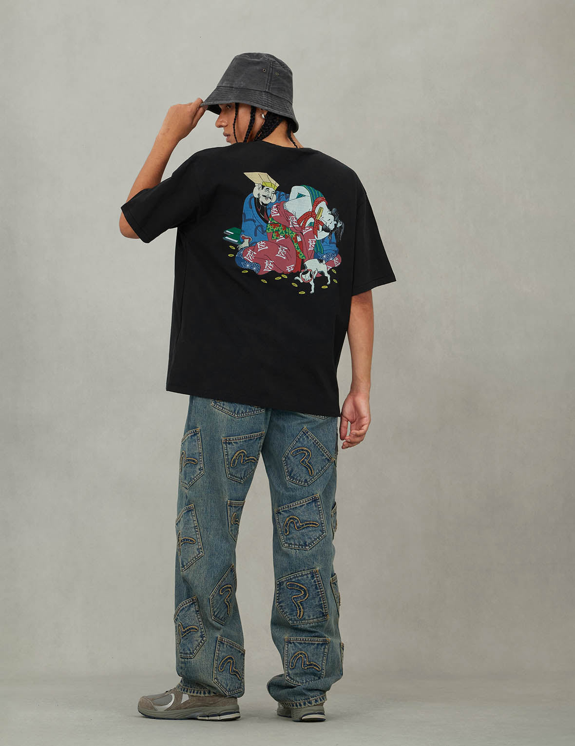 EVISU X F-LAGSTUF-F 春画と小判 カモメプリント レギュラーフィット Tシャツ - 黒