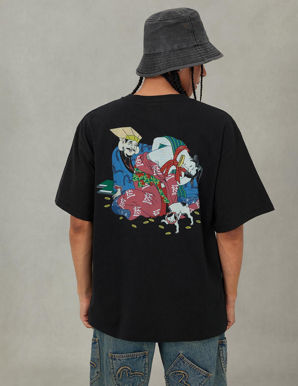 EVISU X F-LAGSTUF-F 春画と小判 カモメプリント レギュラーフィット Tシャツ - 黒