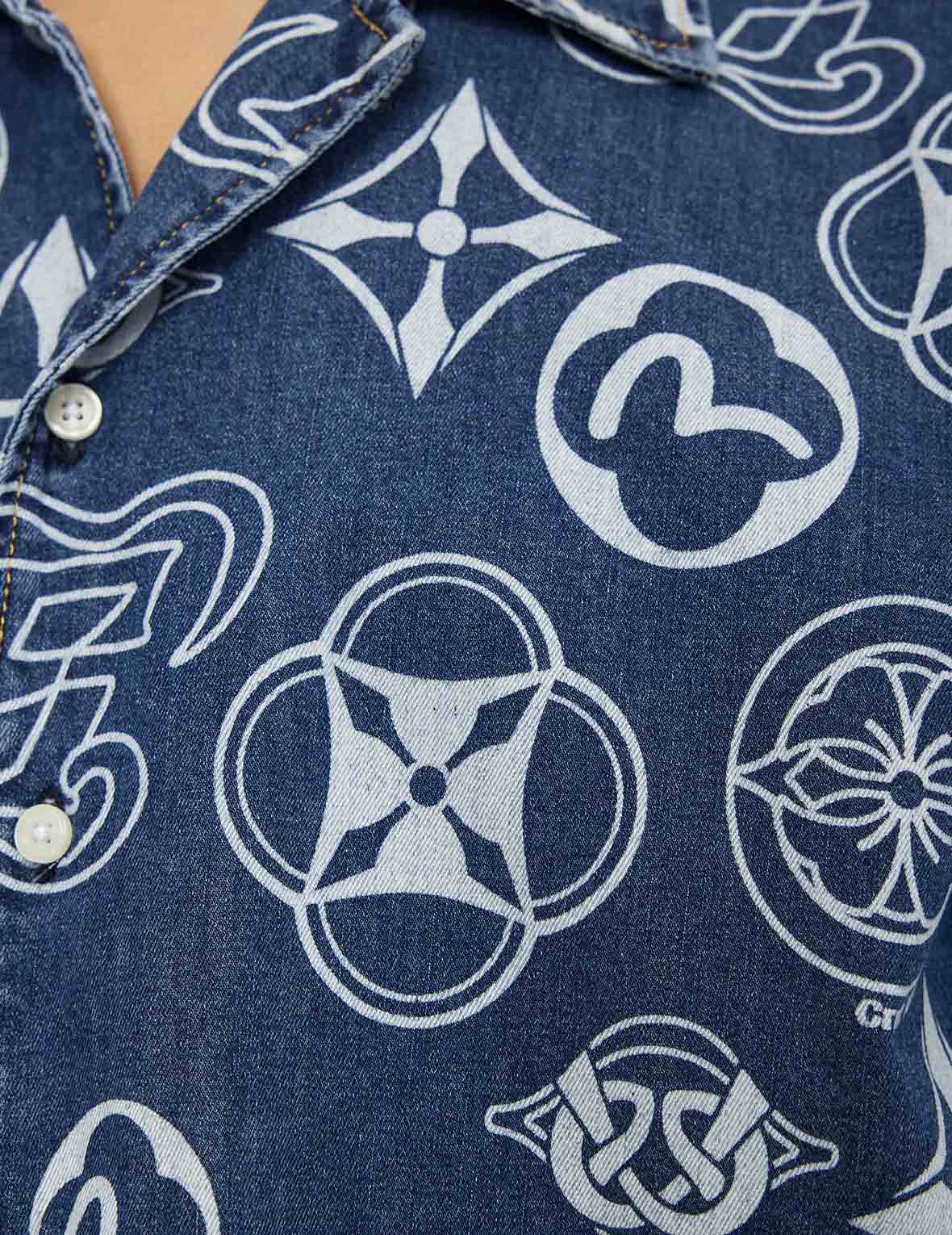 家紋総柄プリント リラックスフィットデニム半袖シャツ