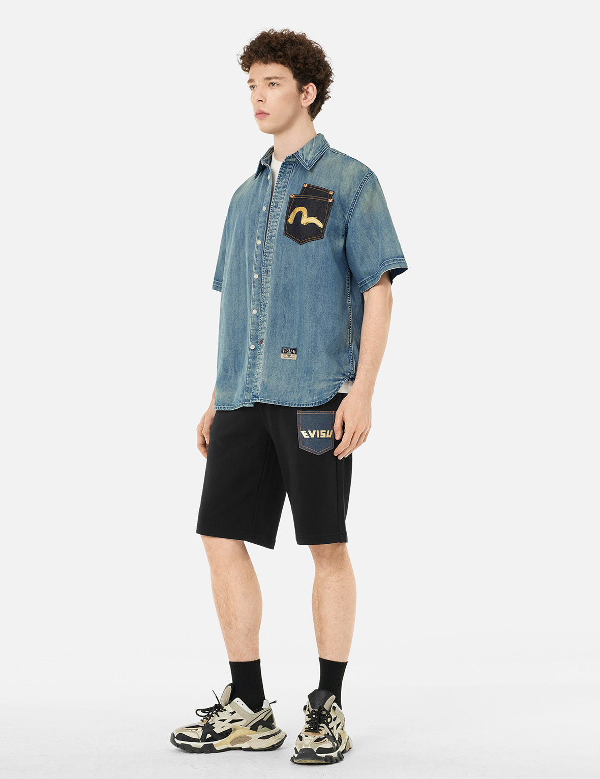 Artistic Brush Daicock Print Relax Fit Denim Short-Sleeves Shirt