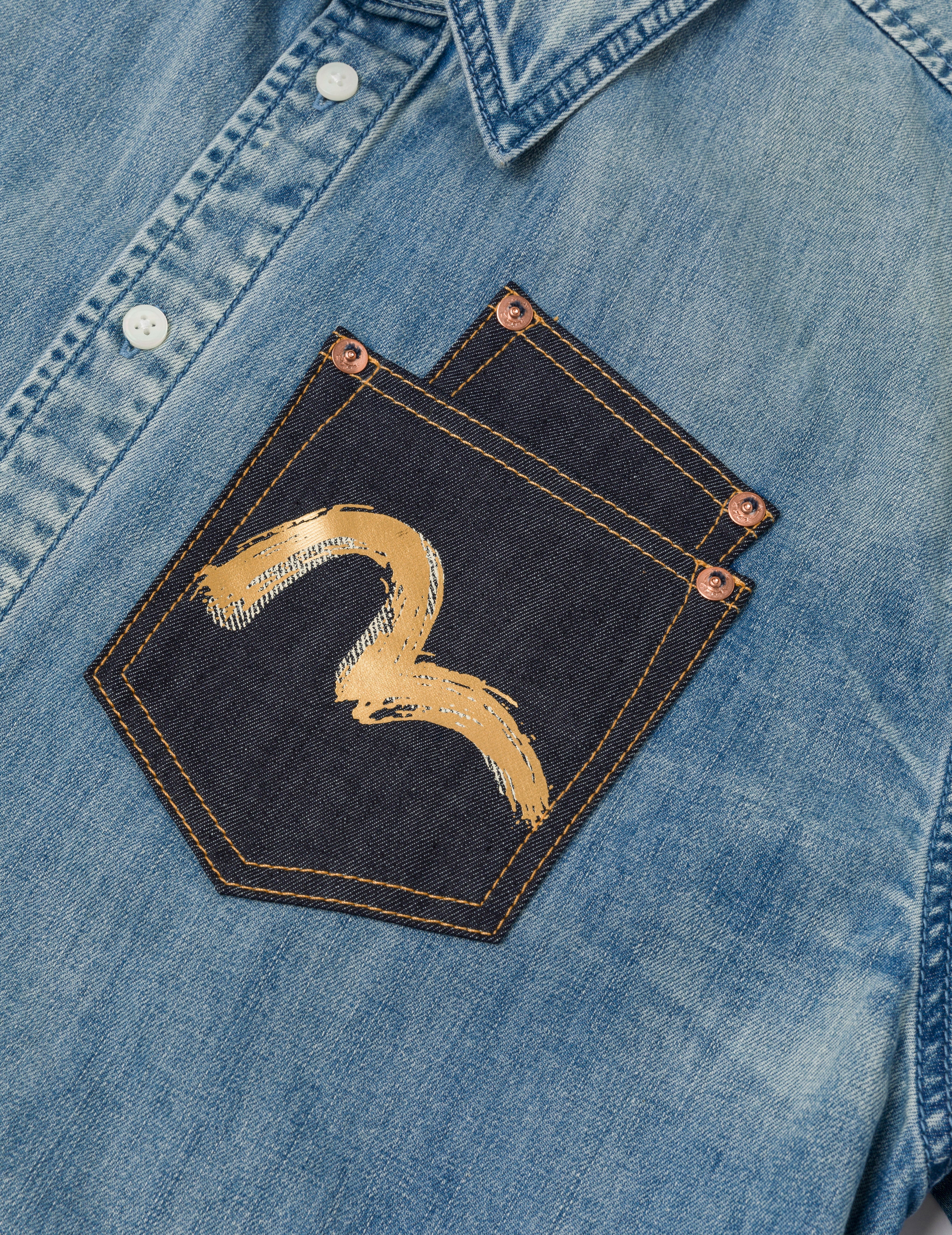 Artistic Brush Daicock Print Relax Fit Denim Short-Sleeves Shirt