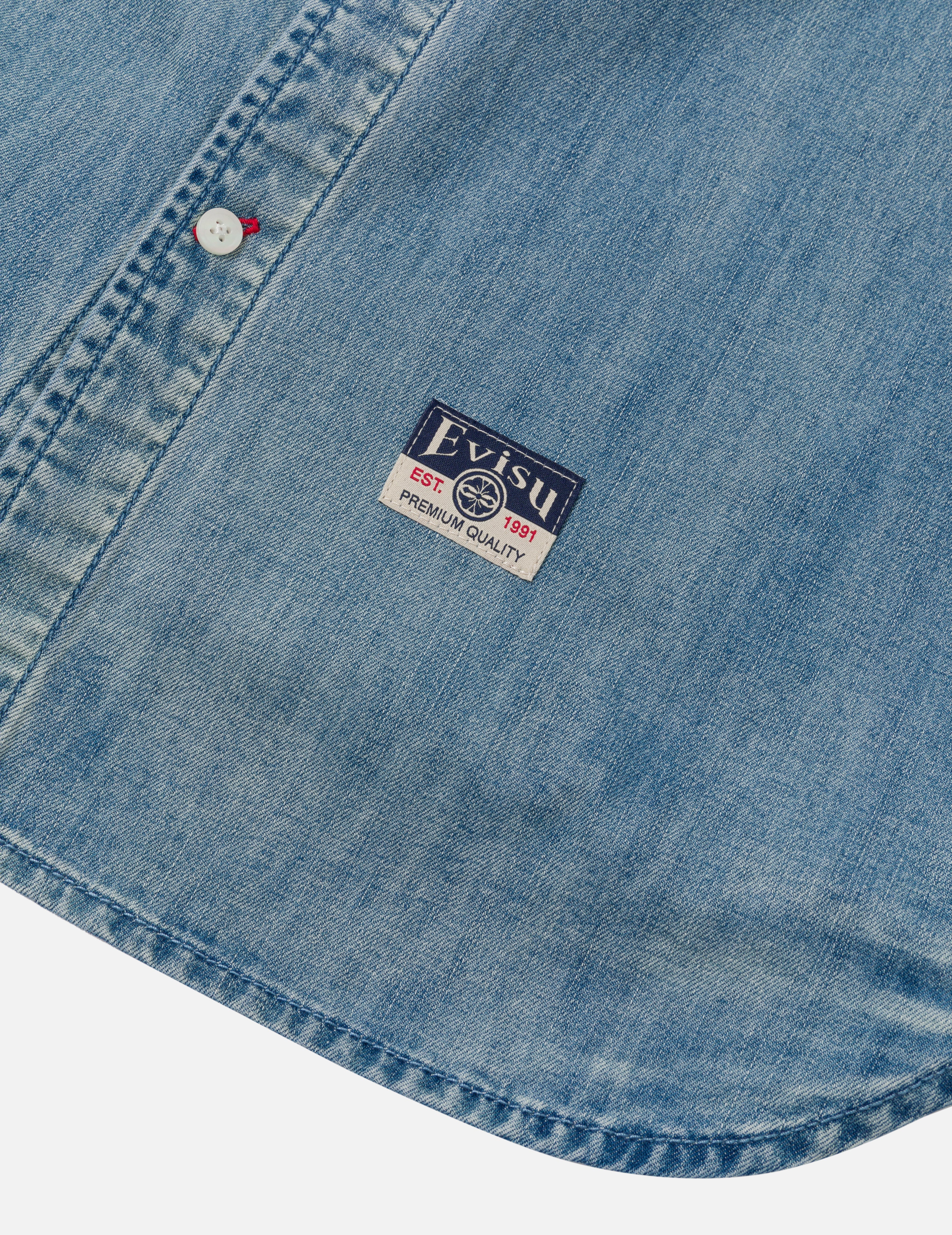 Artistic Brush Daicock Print Relax Fit Denim Short-Sleeves Shirt