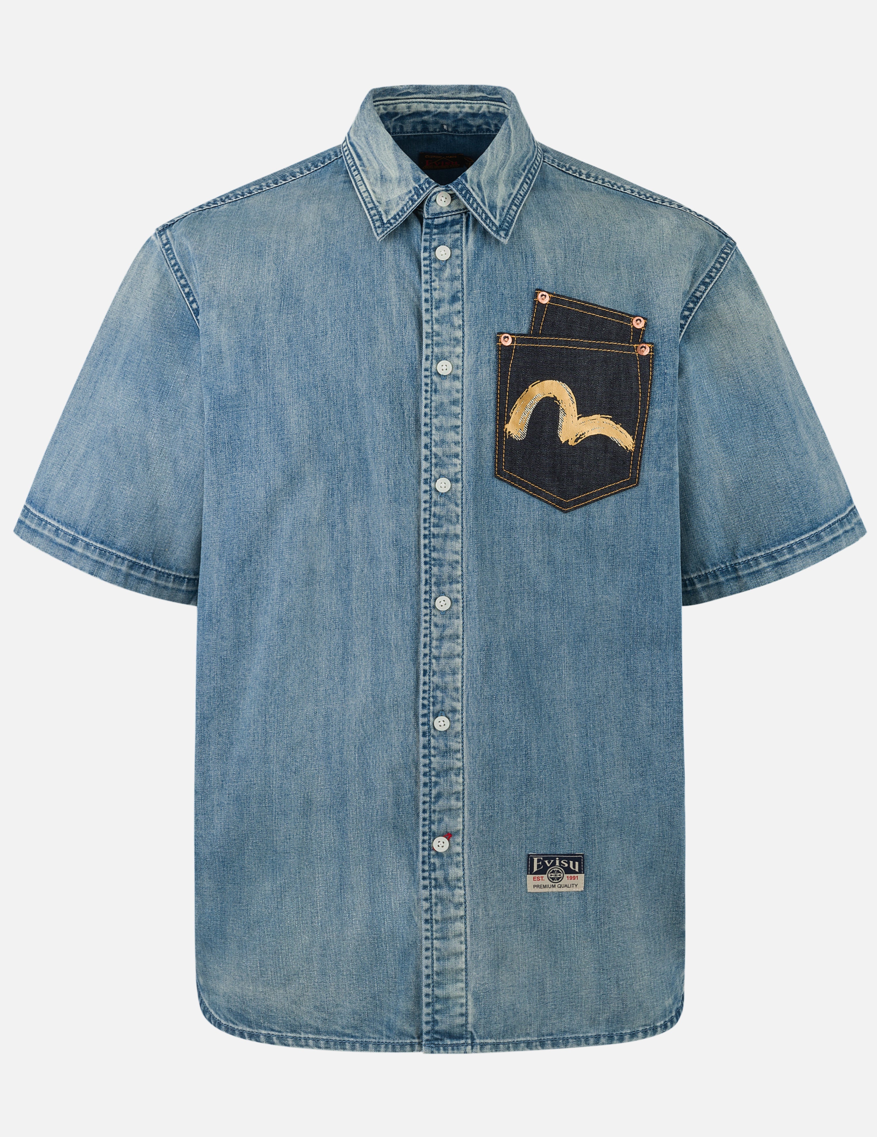 Artistic Brush Daicock Print Relax Fit Denim Short-Sleeves Shirt