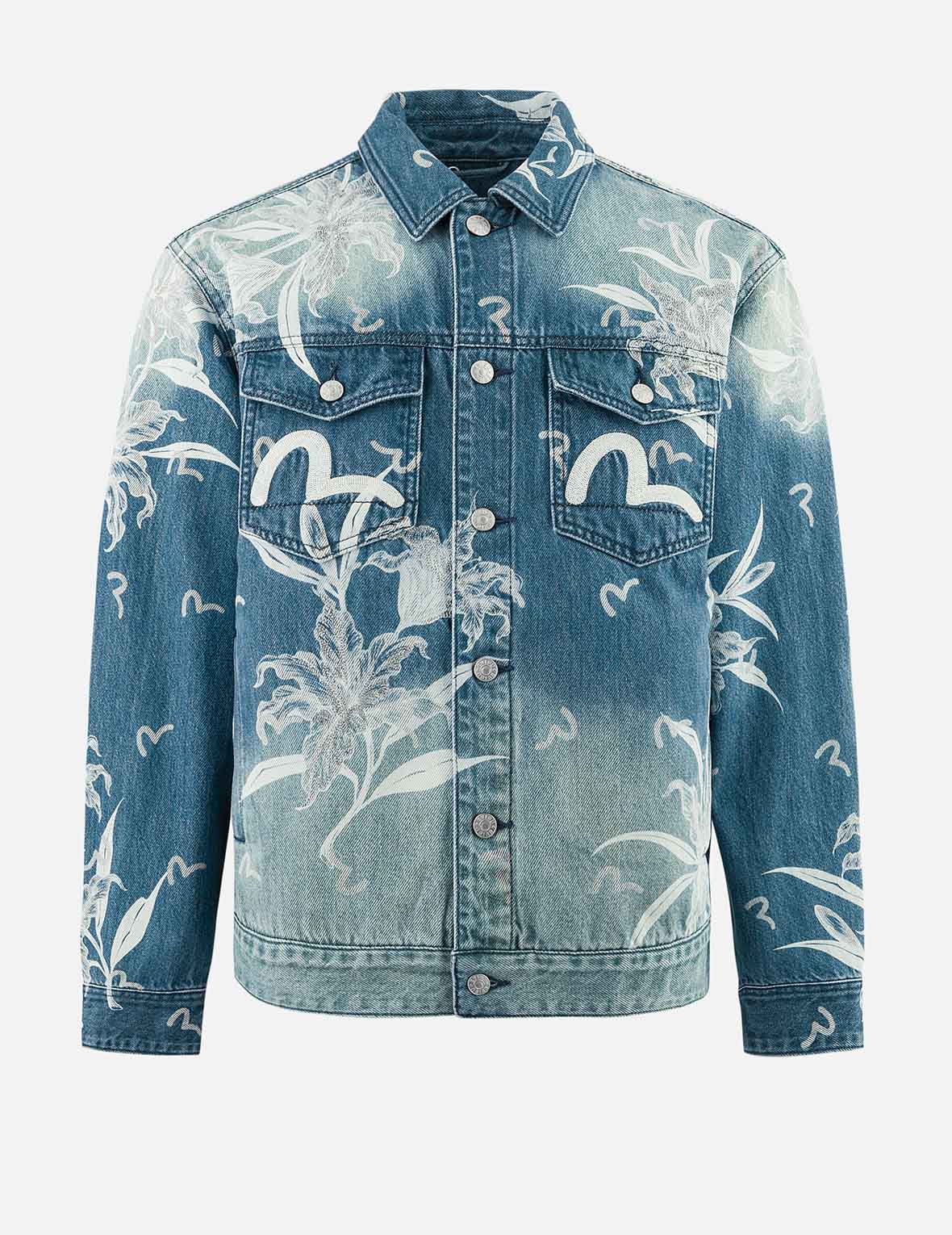 Floral and Seagull Embroidery Relax Fit Denim Jacket