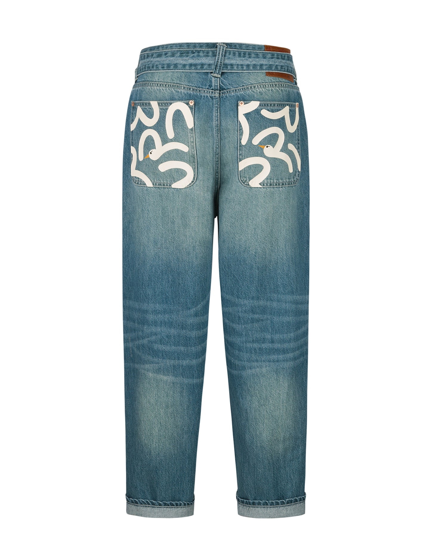 遊び心のあるカモメプリント ポケット ルーズフィット ジーンズ #2038