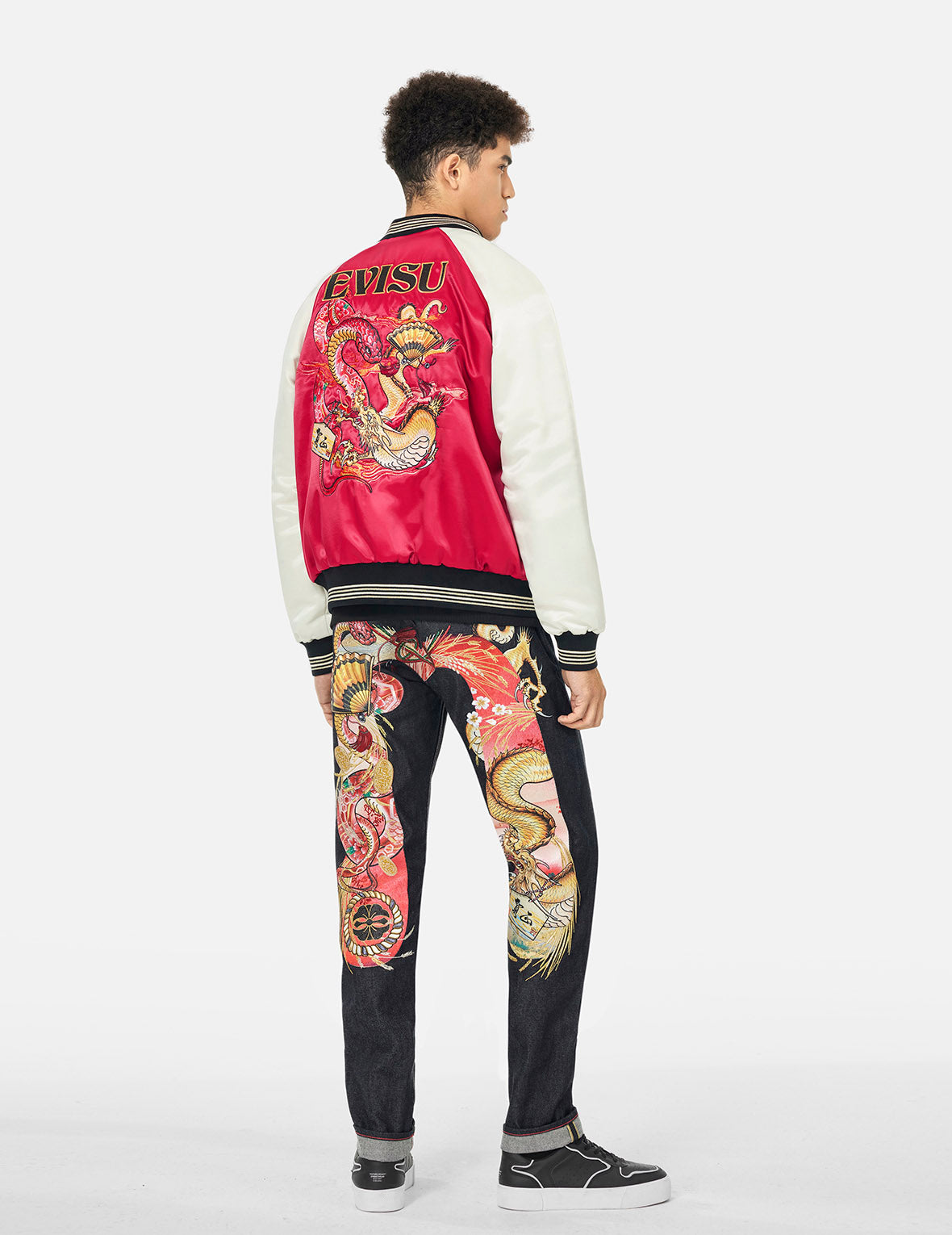 騰蛇刺繍と日本の伝統的なトーテムプリント リバーシブルリラックスフィットスカジャン