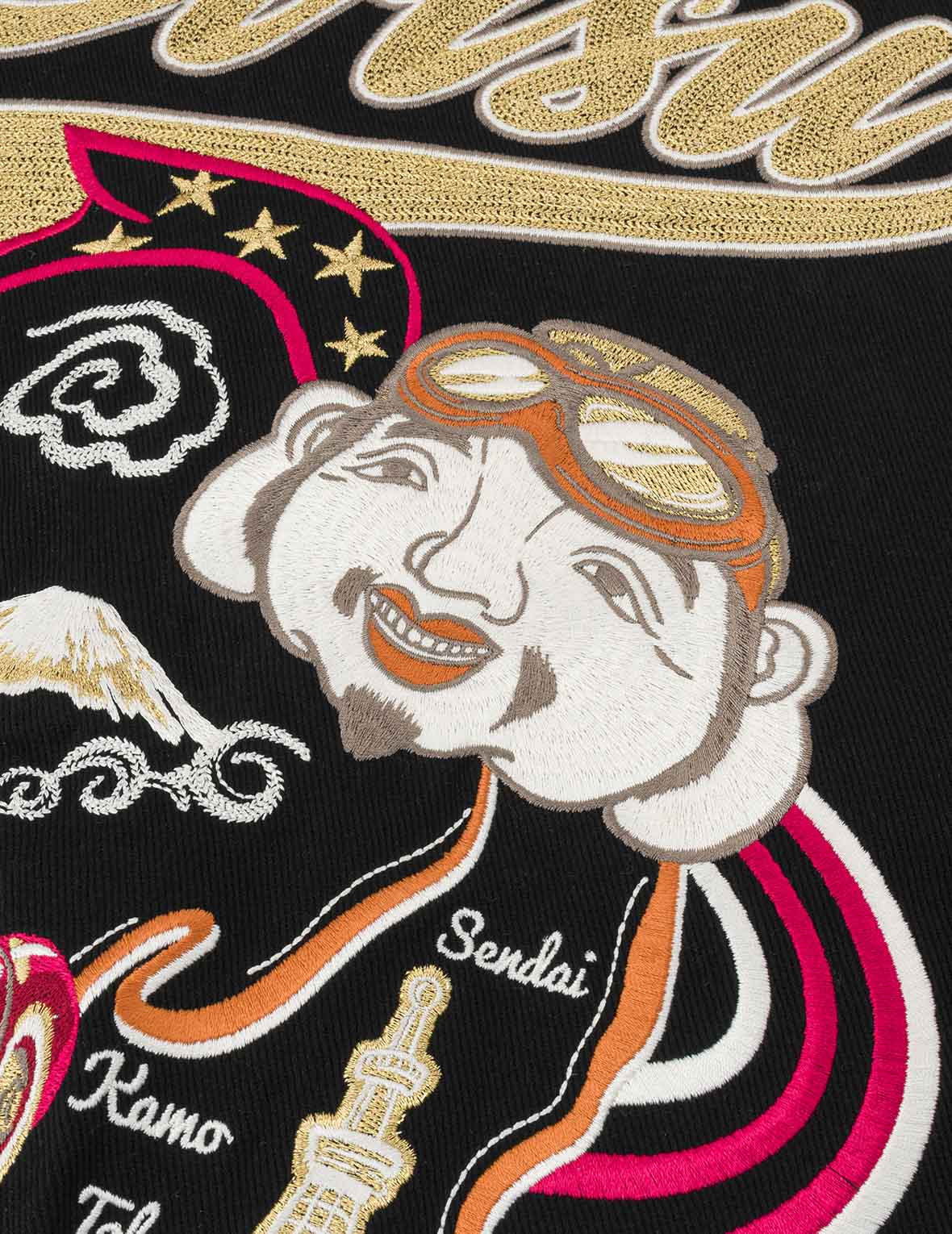仏頭と地図アップリケ刺繍 ファッションフィット ワーカーデニムジャケット