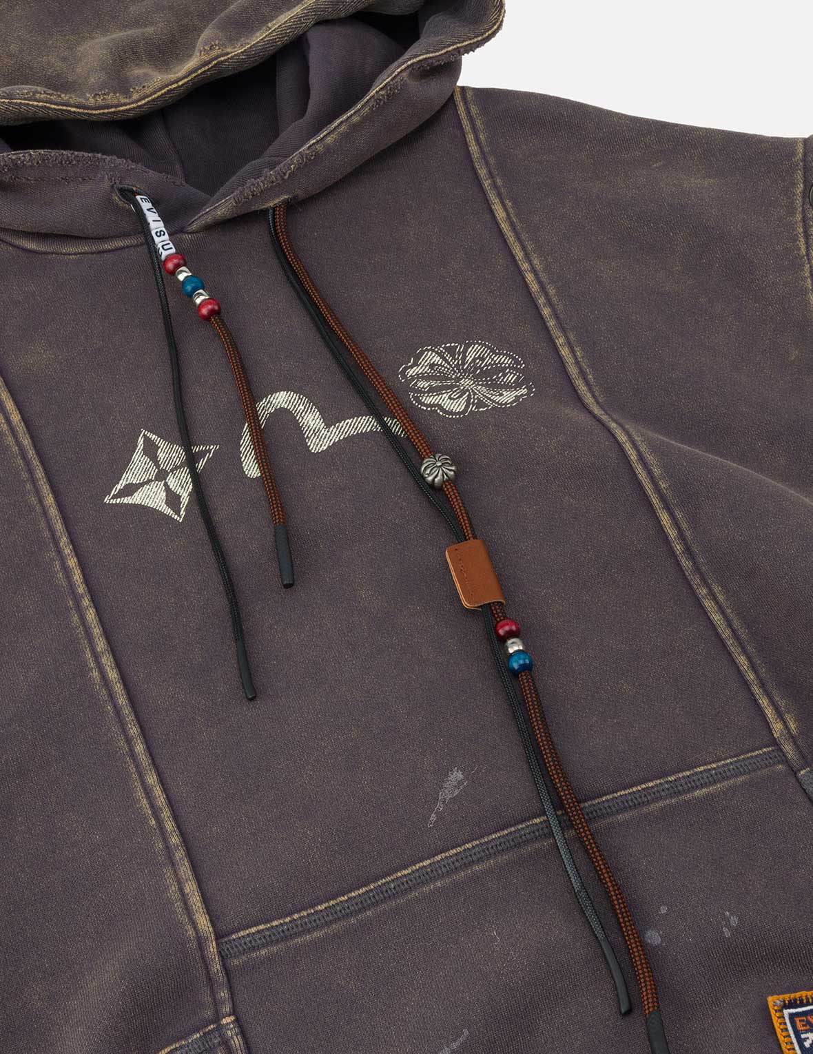 ウォッシュ加工 デコンストラクション トーテム家紋刺繍 ファッションフィット フーディベスト