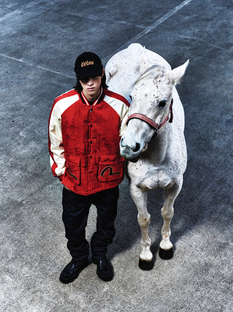 オールオーバージャカード パッド入りチャイナジャケット - レッド