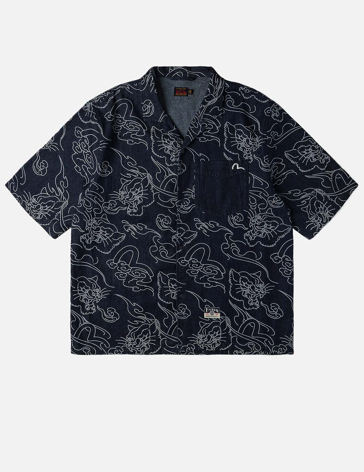 オールオーバーレオパードと雲プリント ボクシーデニム 半袖シャツ