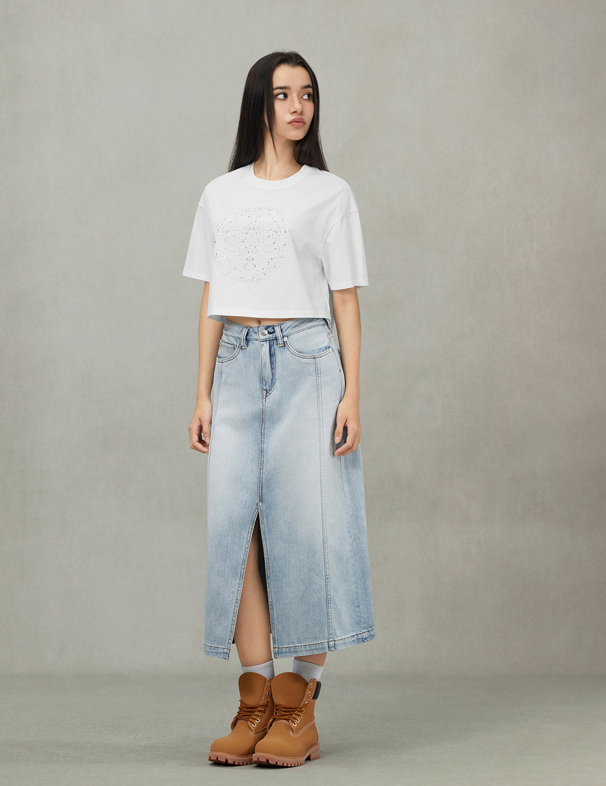 Washed Deconstructed Seagull Fashion Fit Demin Midi Skirt
