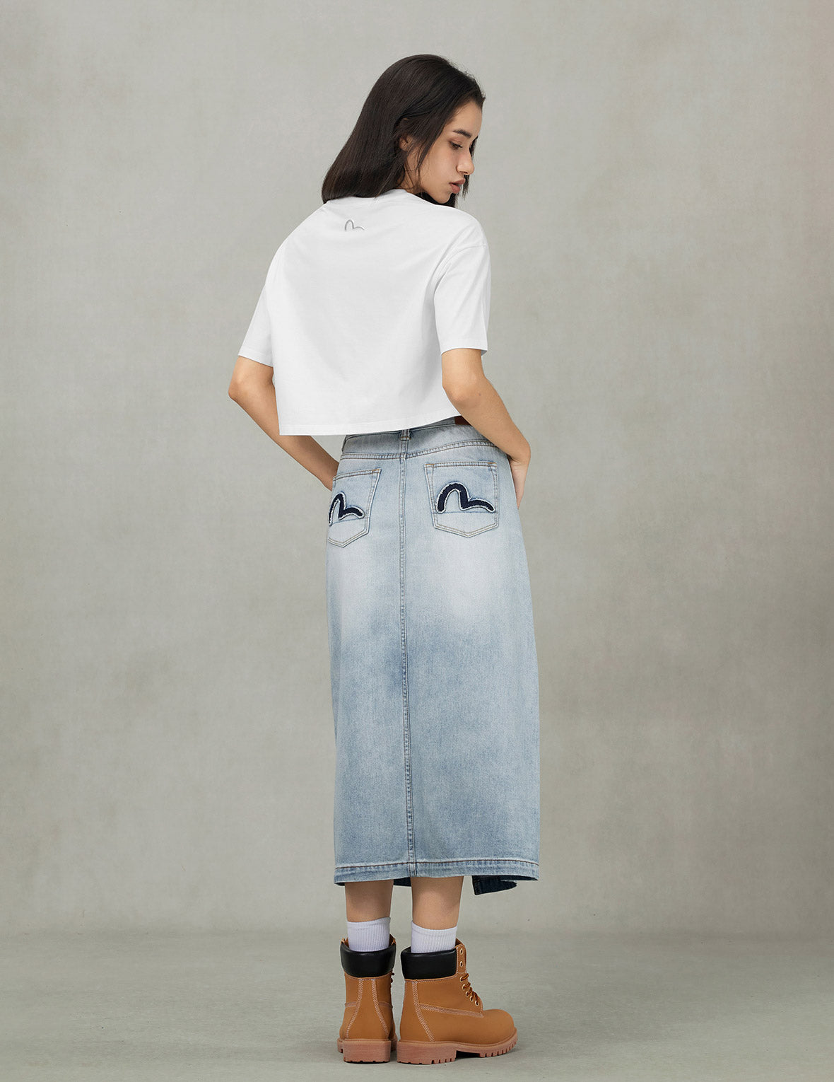 Washed Deconstructed Seagull Fashion Fit Demin Midi Skirt