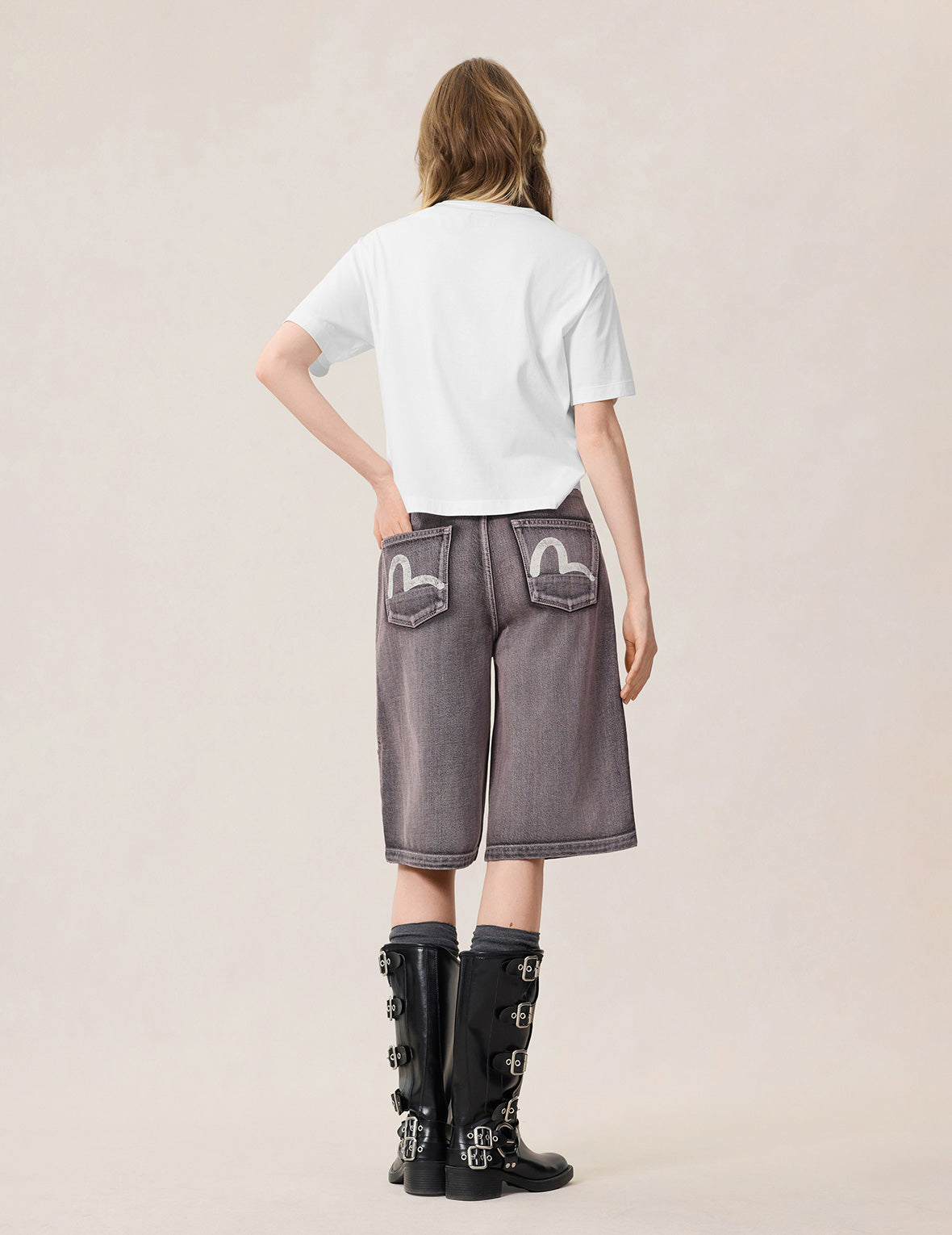Seagull Print Multi-Pocket Denim Shorts
