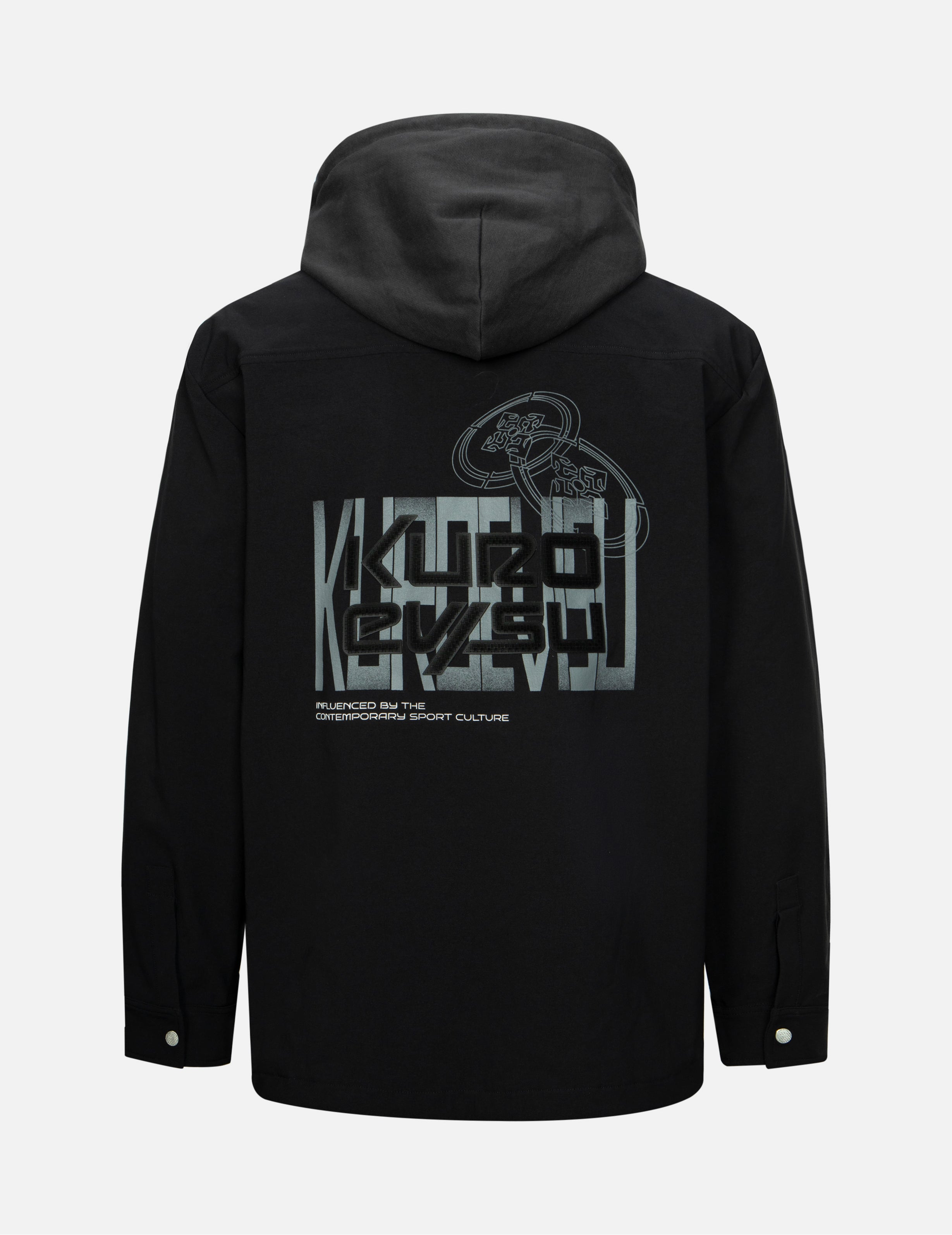 取り外しフード付き ロゴと家紋プリント レギュラーフィット シャツジャケット