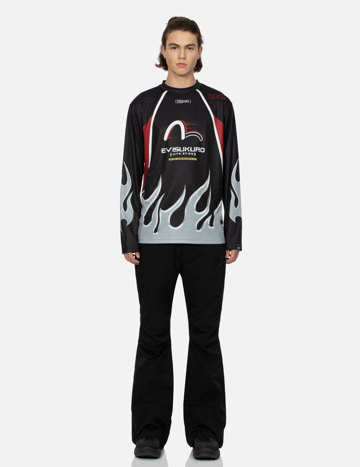 クロムの炎とマルチロゴ レギュラーフィット長袖レーシングTシャツ