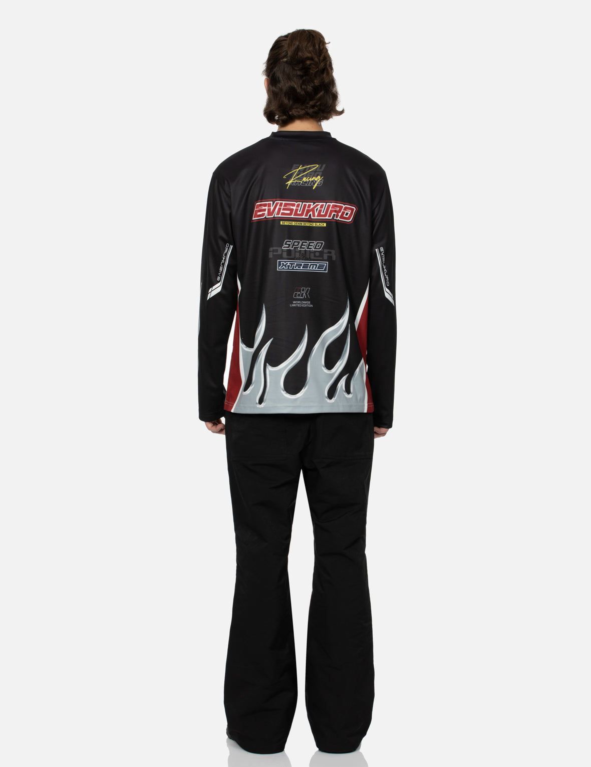 クロムの炎とマルチロゴ レギュラーフィット長袖レーシングTシャツ