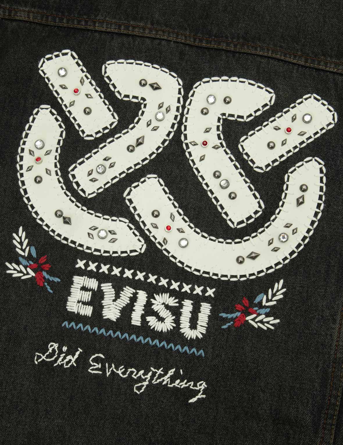 エスニック風の知恵の輪プリントと刺繍リラックスフィットデニムジャケット