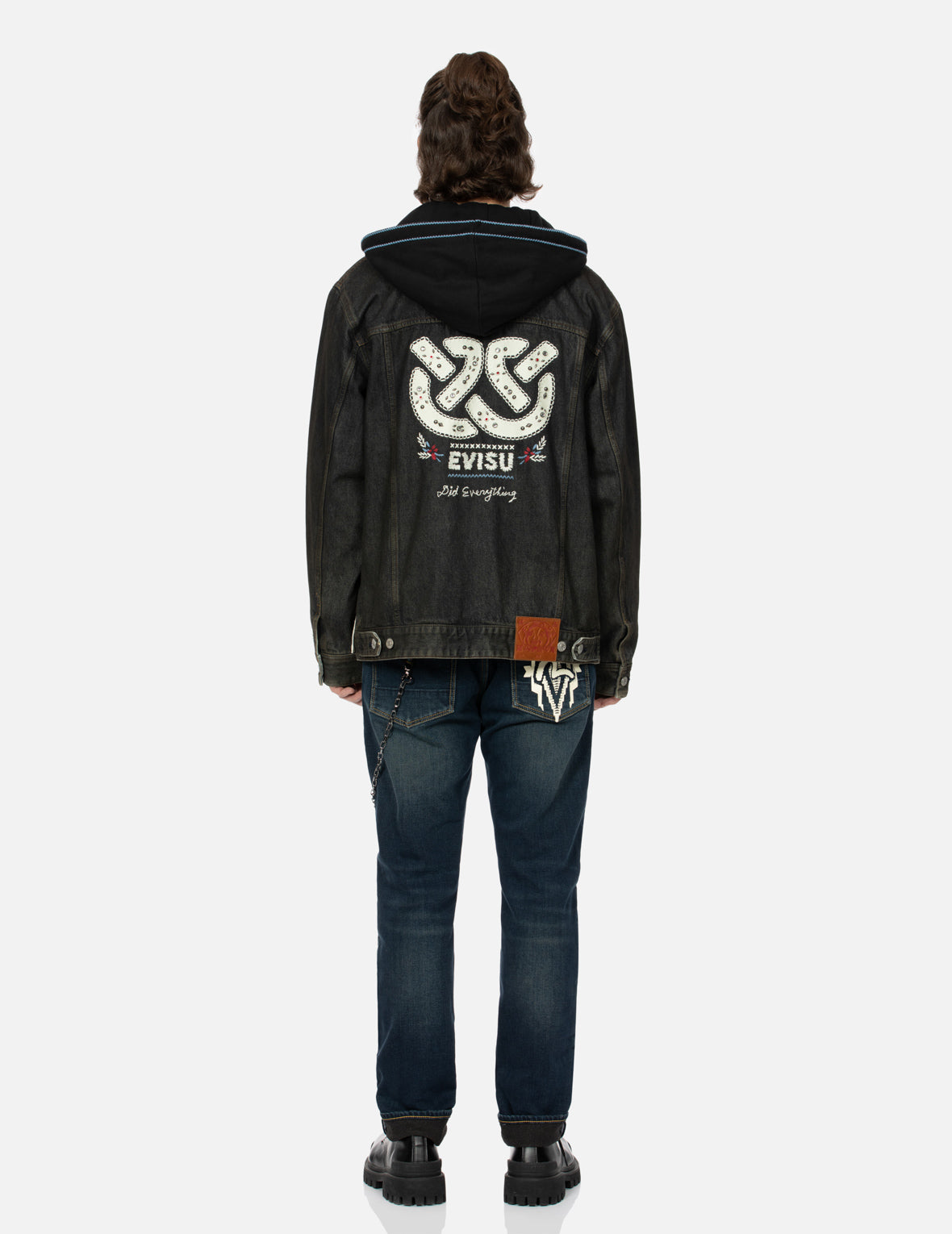 エスニック風の知恵の輪プリントと刺繍リラックスフィットデニムジャケット