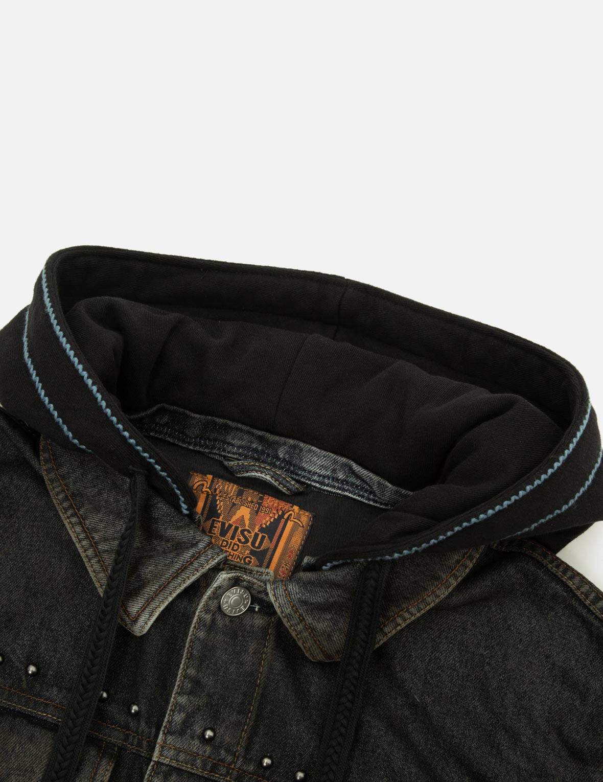 エスニック風の知恵の輪プリントと刺繍リラックスフィットデニムジャケット