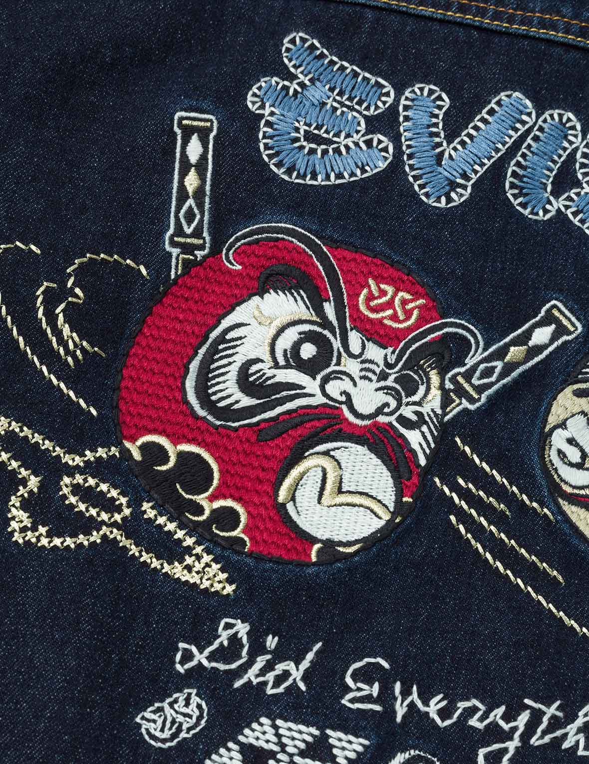 忍者だるま刺繍レギュラーフィットパッド入りデニムジャケット