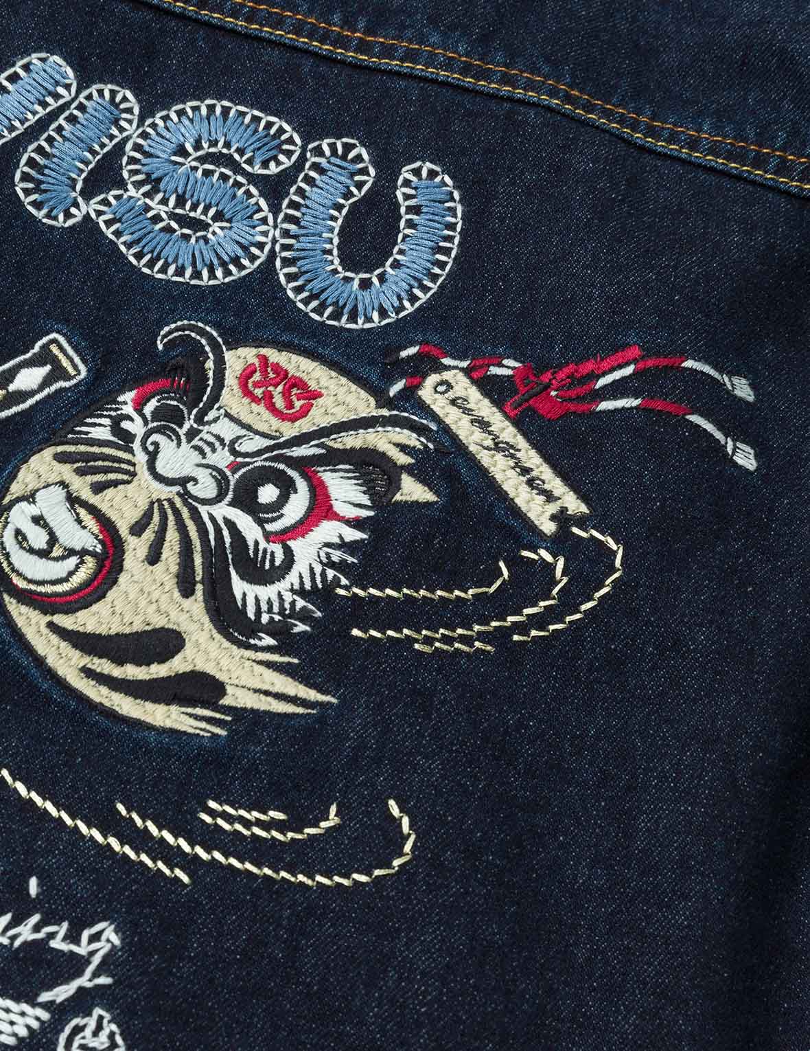 忍者だるま刺繍レギュラーフィットパッド入りデニムジャケット