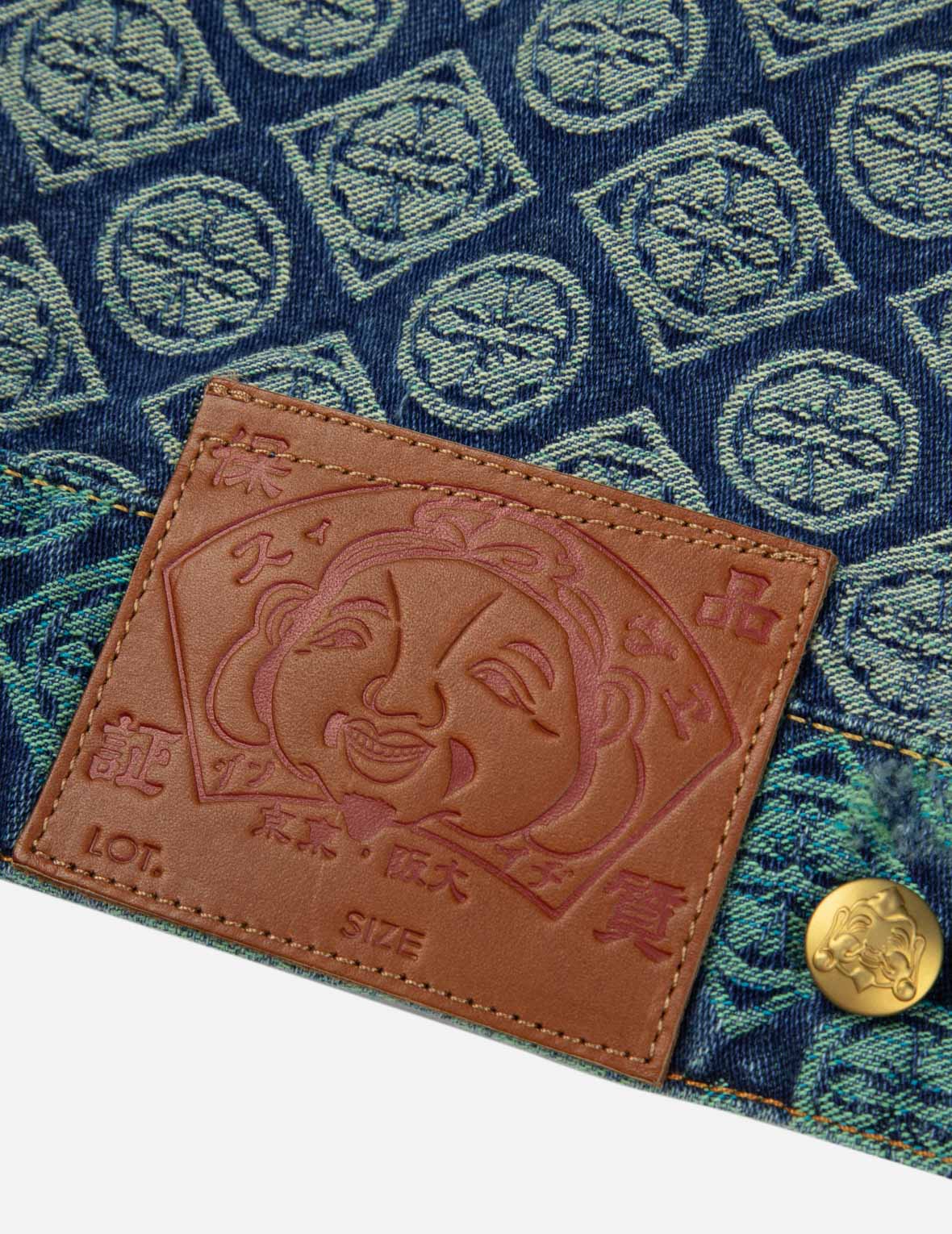 グラデーションオールオーバー家紋プリントとカモメの刺繍リラックスフィットデニムジャケット