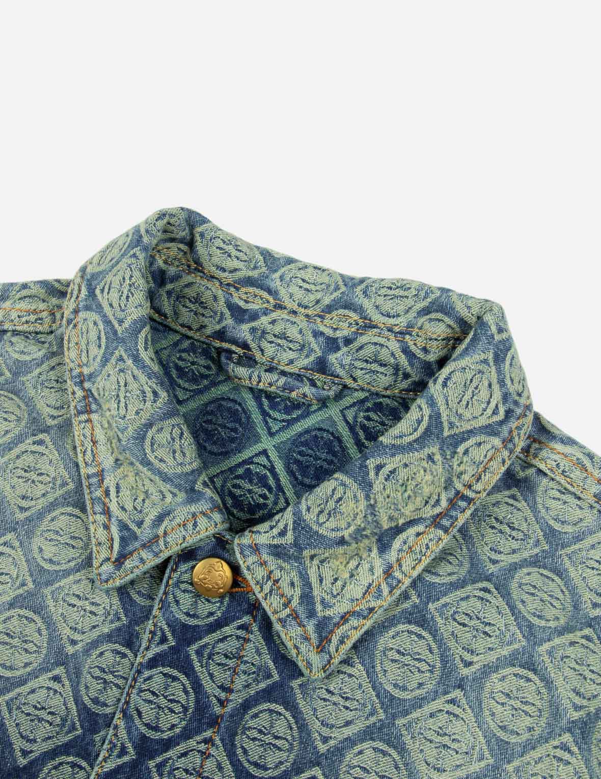 グラデーションオールオーバー家紋プリントとカモメの刺繍リラックスフィットデニムジャケット