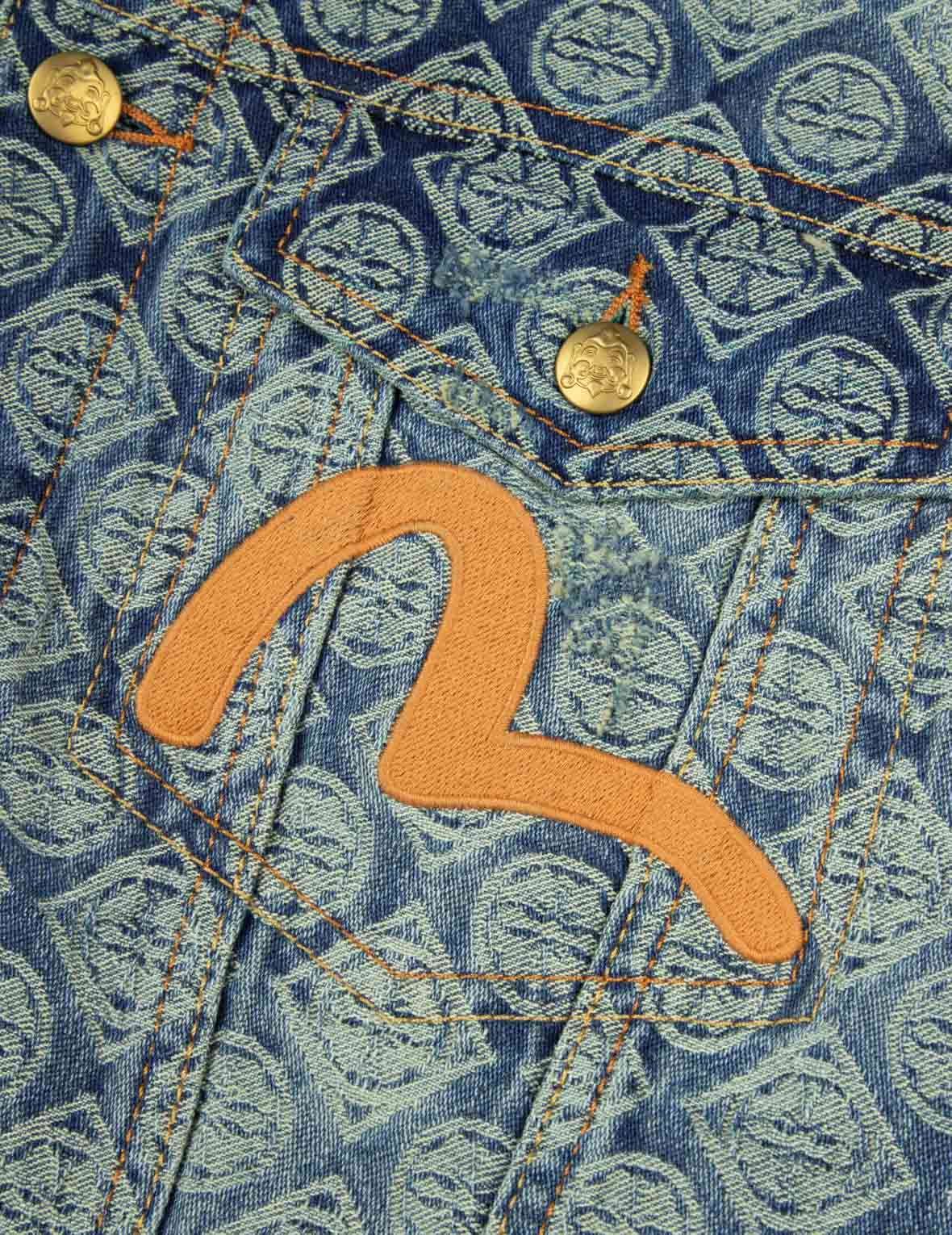 グラデーションオールオーバー家紋プリントとカモメの刺繍リラックスフィットデニムジャケット