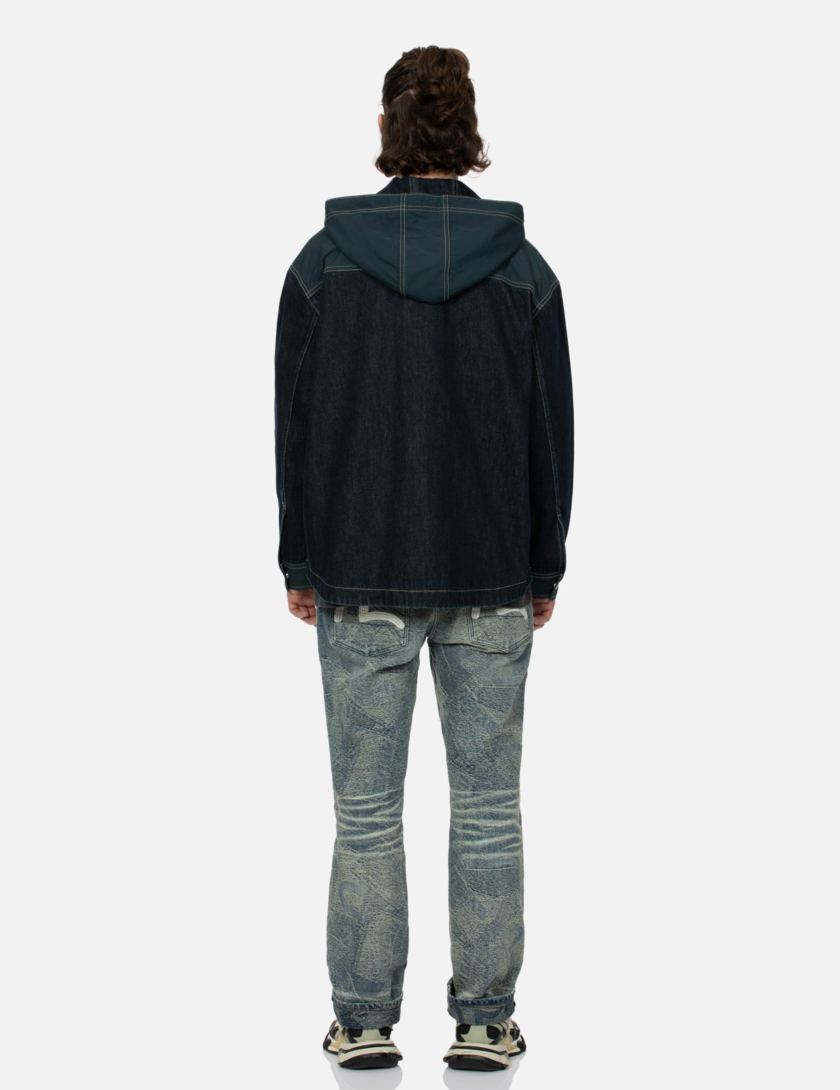 Logo Print Loose Fit Hooded Denim Shirt Jacket