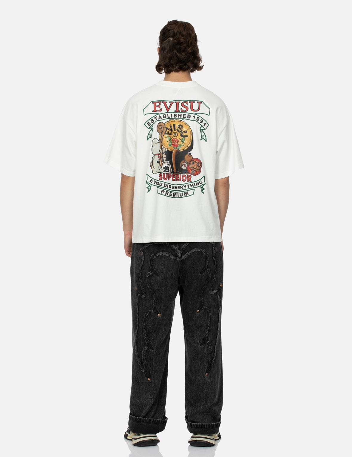 タヌキと招き猫プリントルーズフィットTシャツ