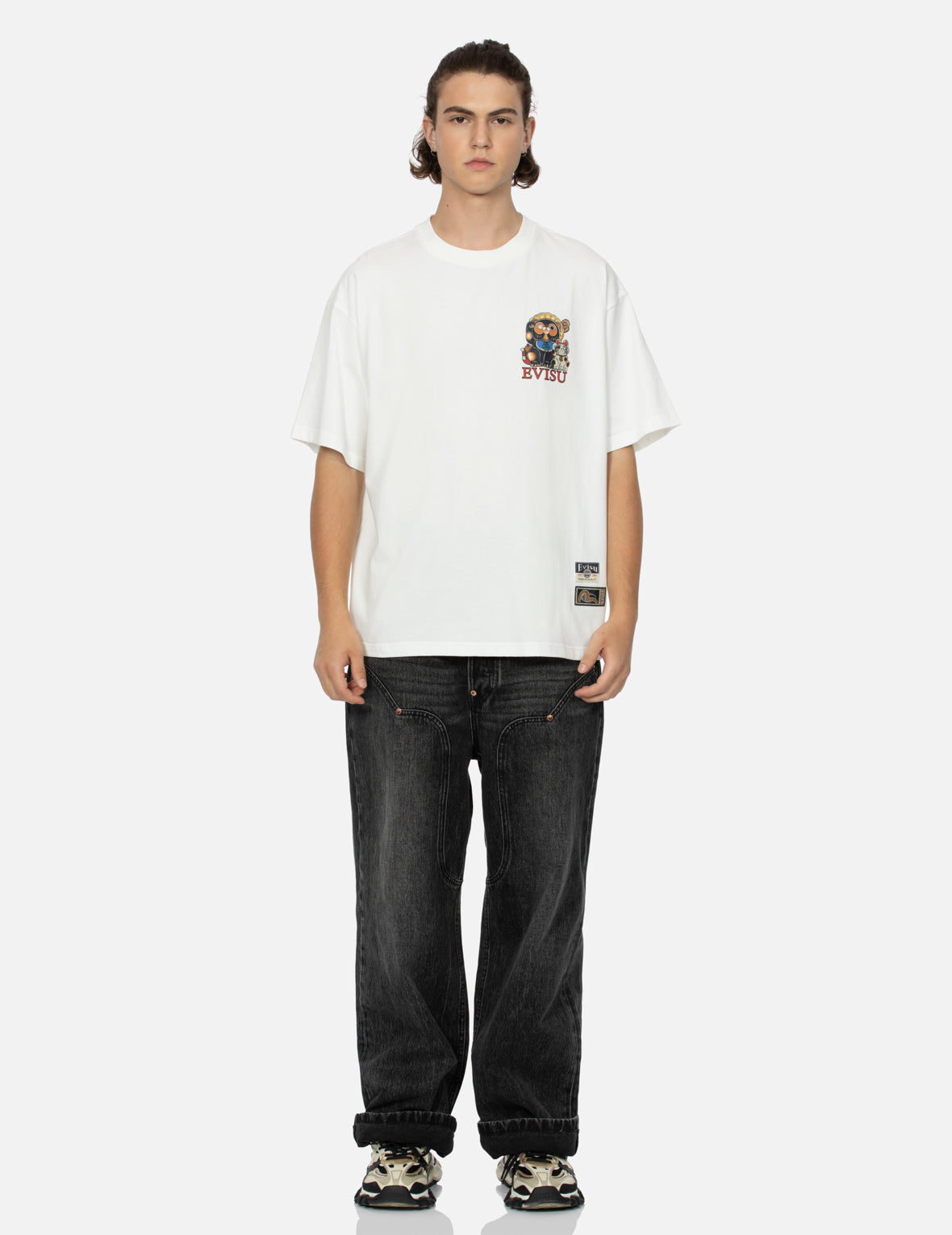 タヌキと招き猫プリントルーズフィットTシャツ