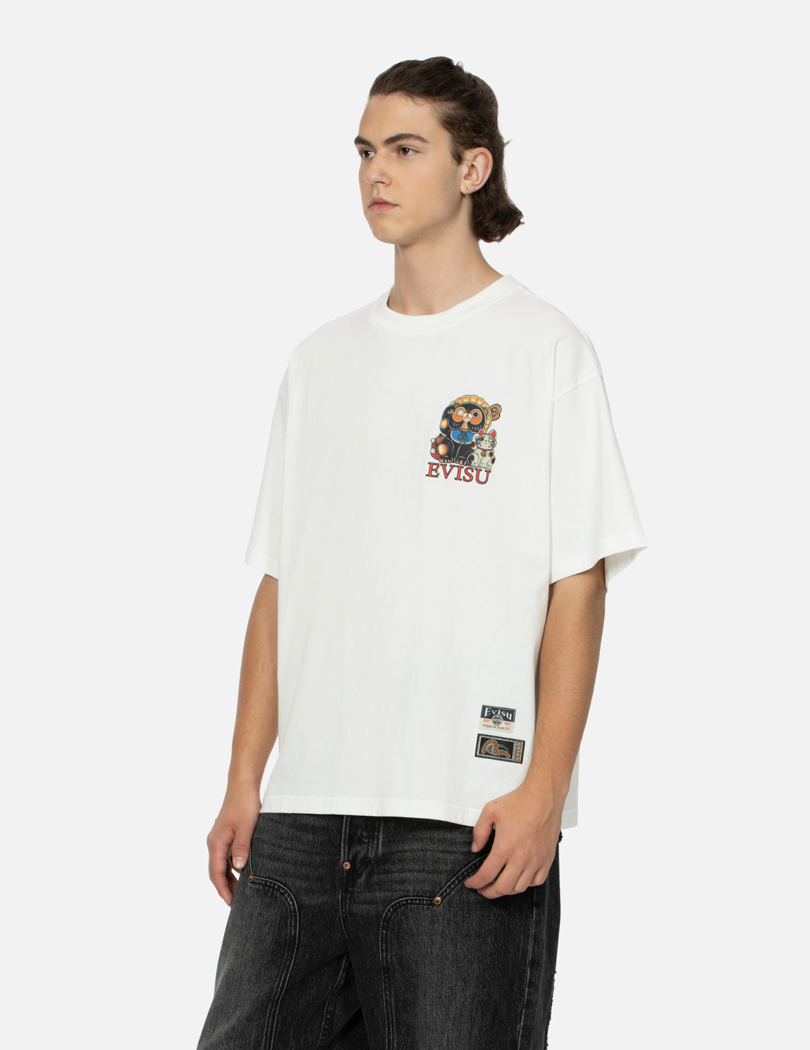 タヌキと招き猫プリントルーズフィットTシャツ