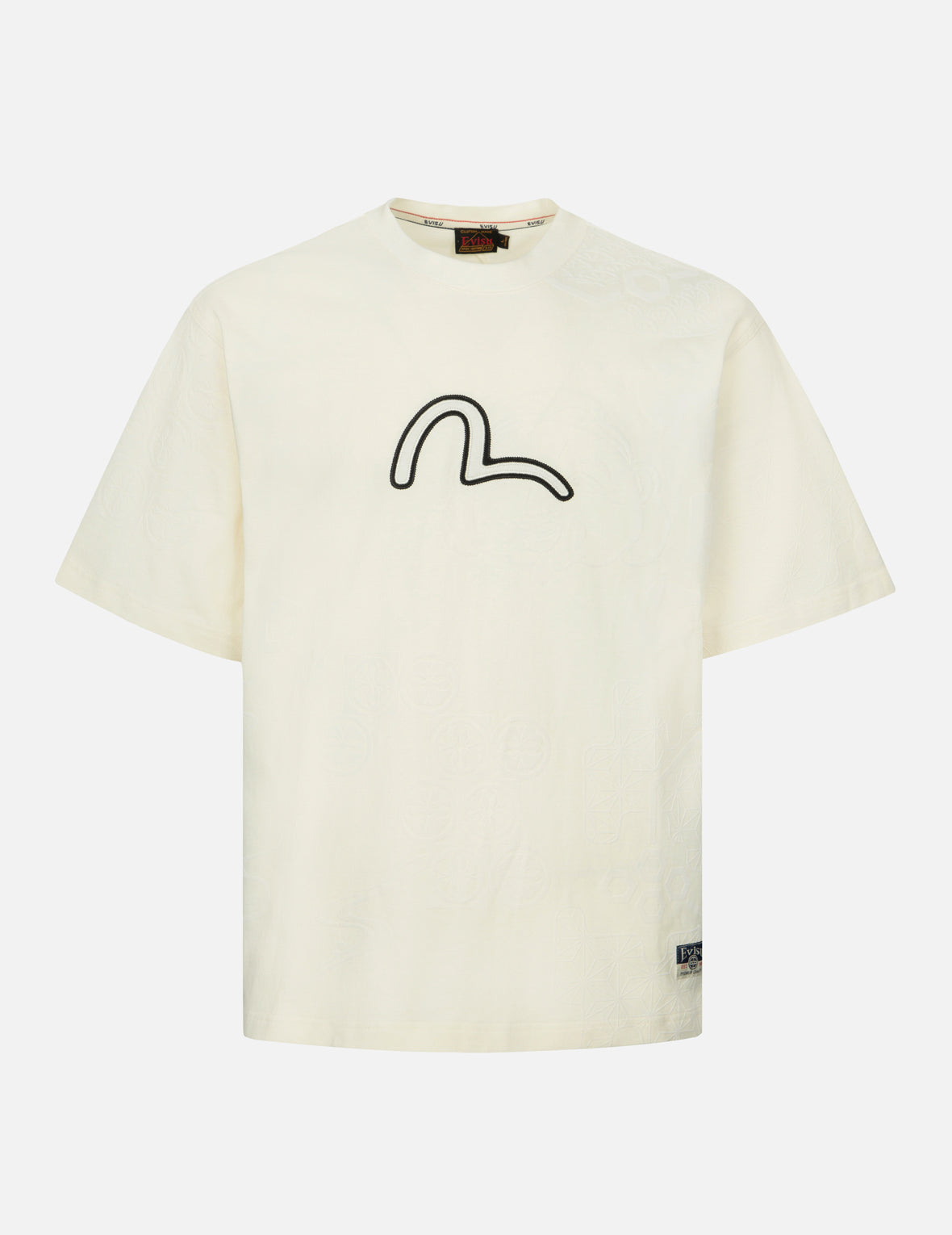 カモメ刺繍とオールオーパーフロッキングパターンリラックスフィットTシャツ