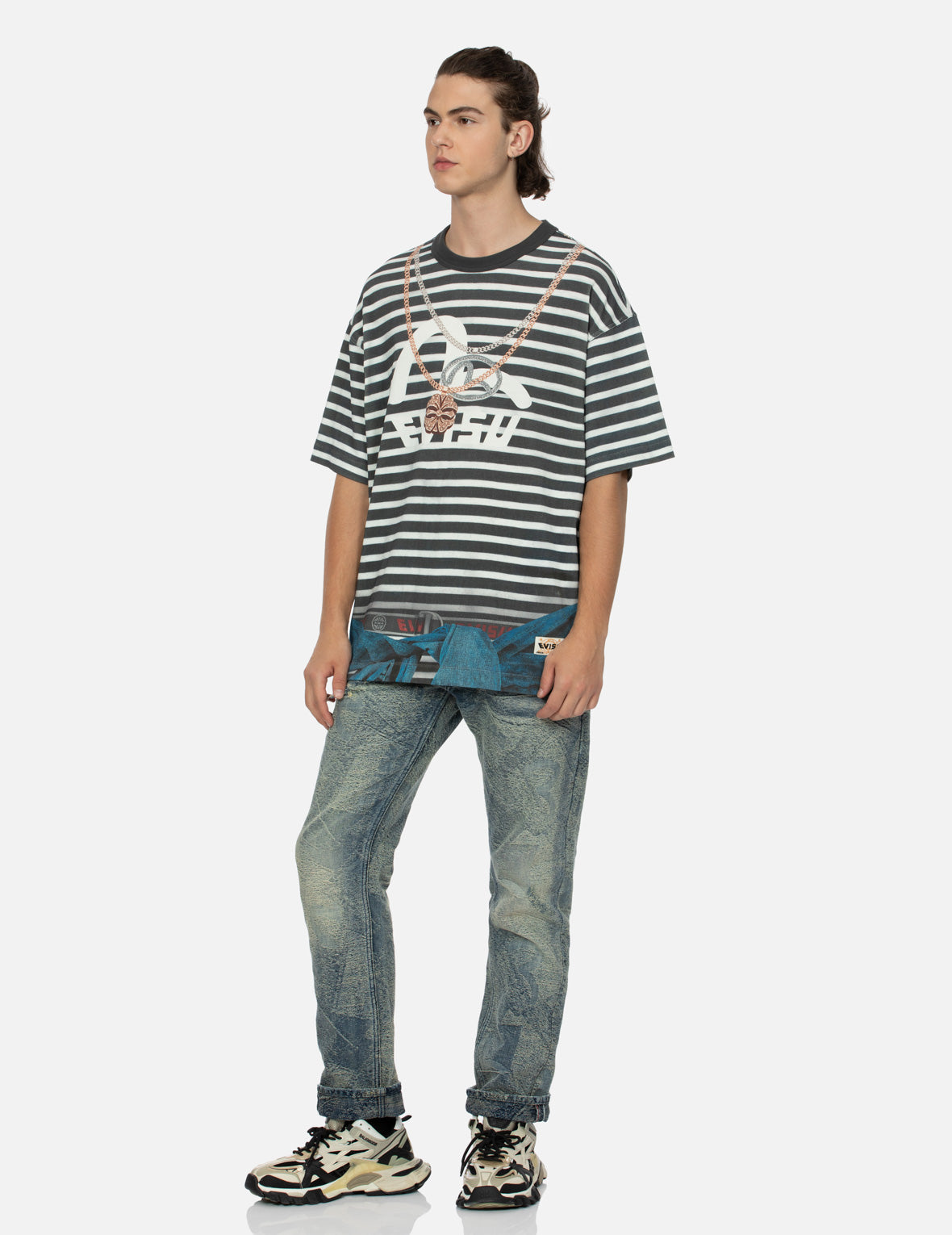 トロンプ・ルイユとカモメプリントルーズフィットストライプTシャツ