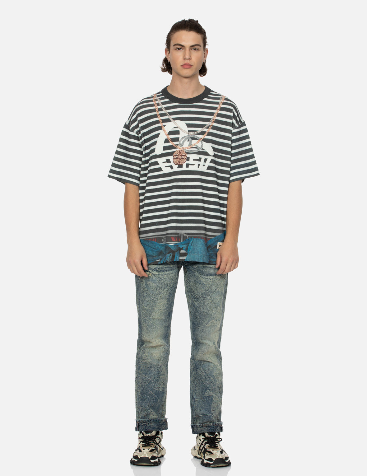 トロンプ・ルイユとカモメプリントルーズフィットストライプTシャツ