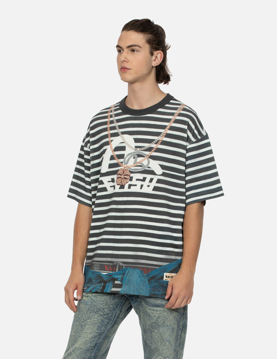トロンプ・ルイユとカモメプリントルーズフィットストライプTシャツ