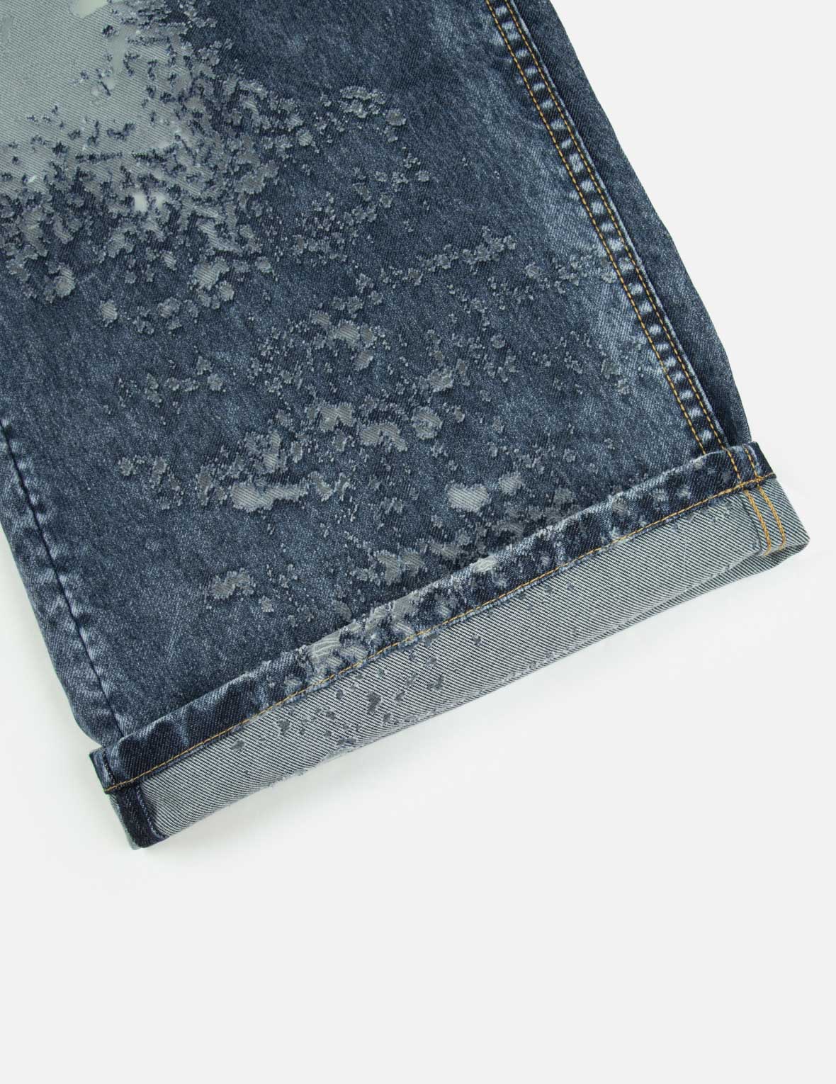 カモメ刺繍とレーザー加工ワイドレッグジーンズ