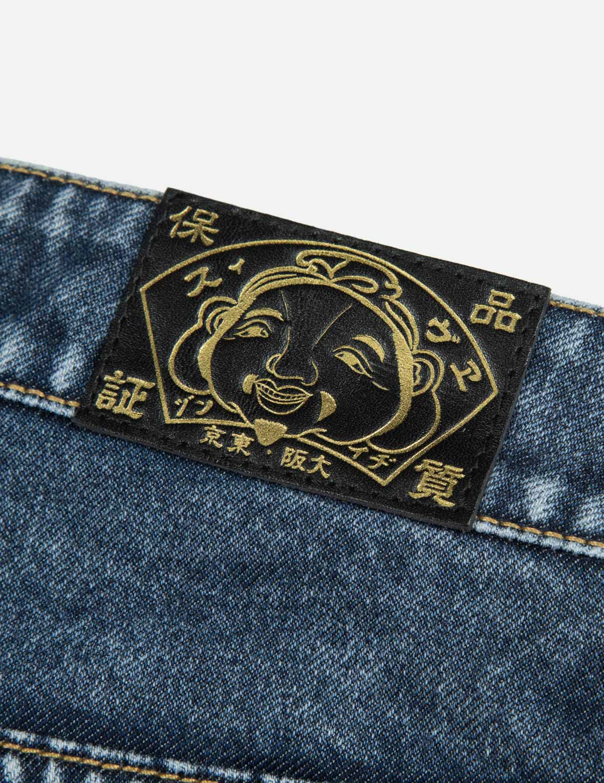 カモメ刺繍とレーザー加工ワイドレッグジーンズ