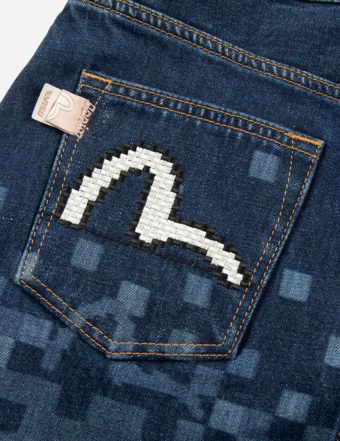 ピクセルカモメ刺繍とプリントレギュラーフィットデニムスカート