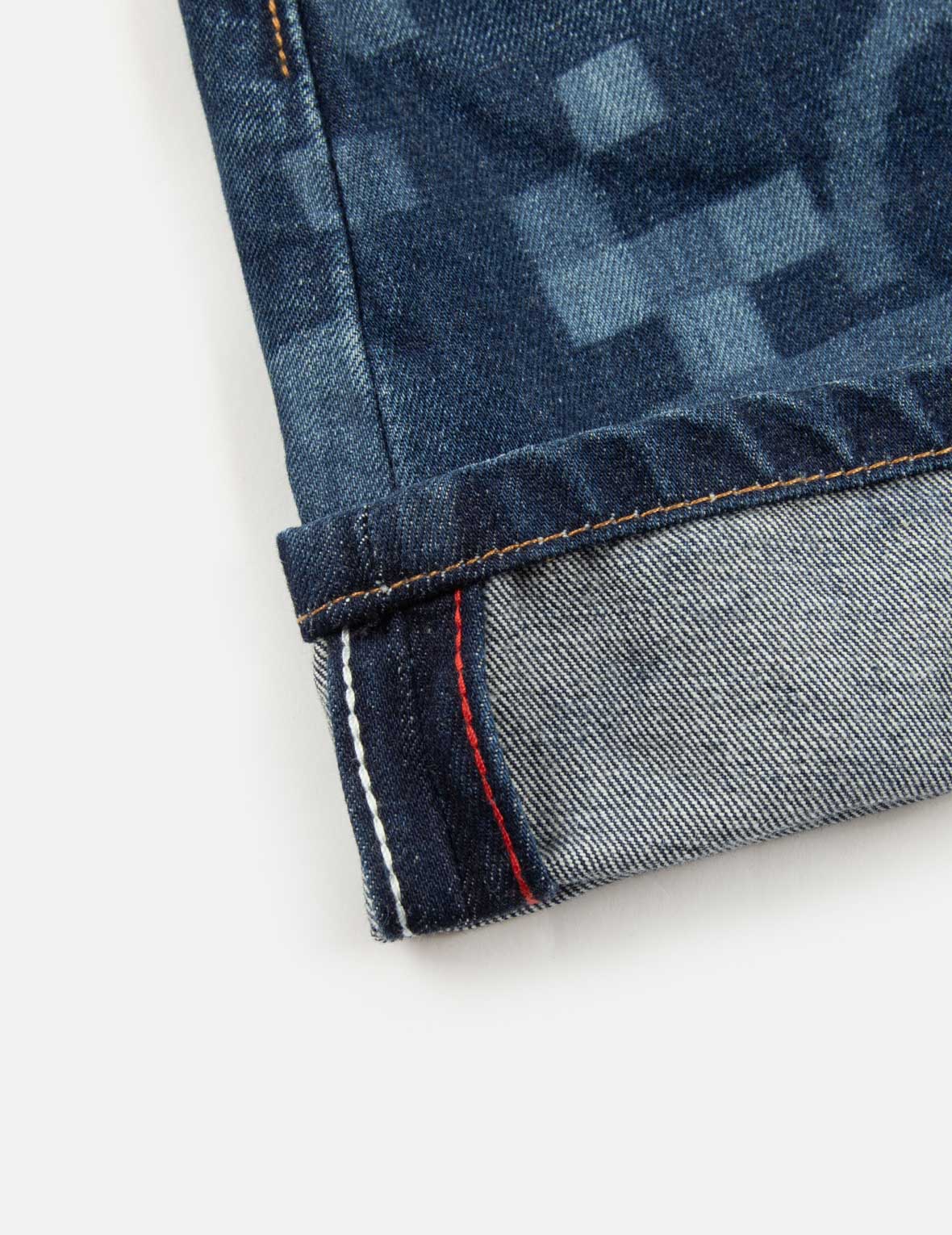 ピクセルカモメ刺繍とプリントレギュラーフィットデニムスカート